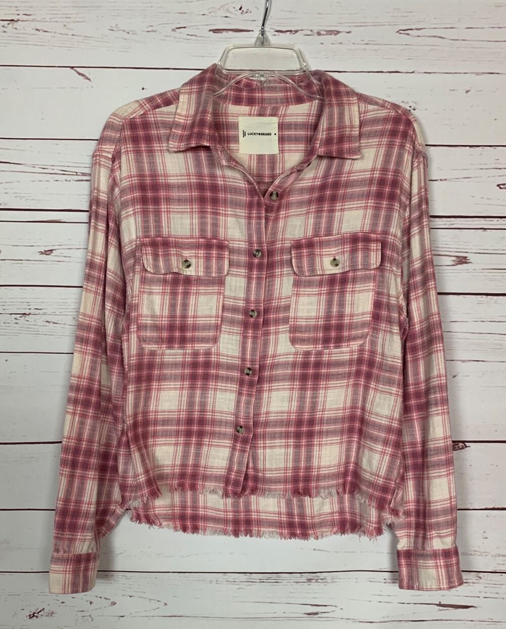 Lucky Brand Women's M Medium Pink Cream Flannel Button Up Long Sleeve Shirt Top